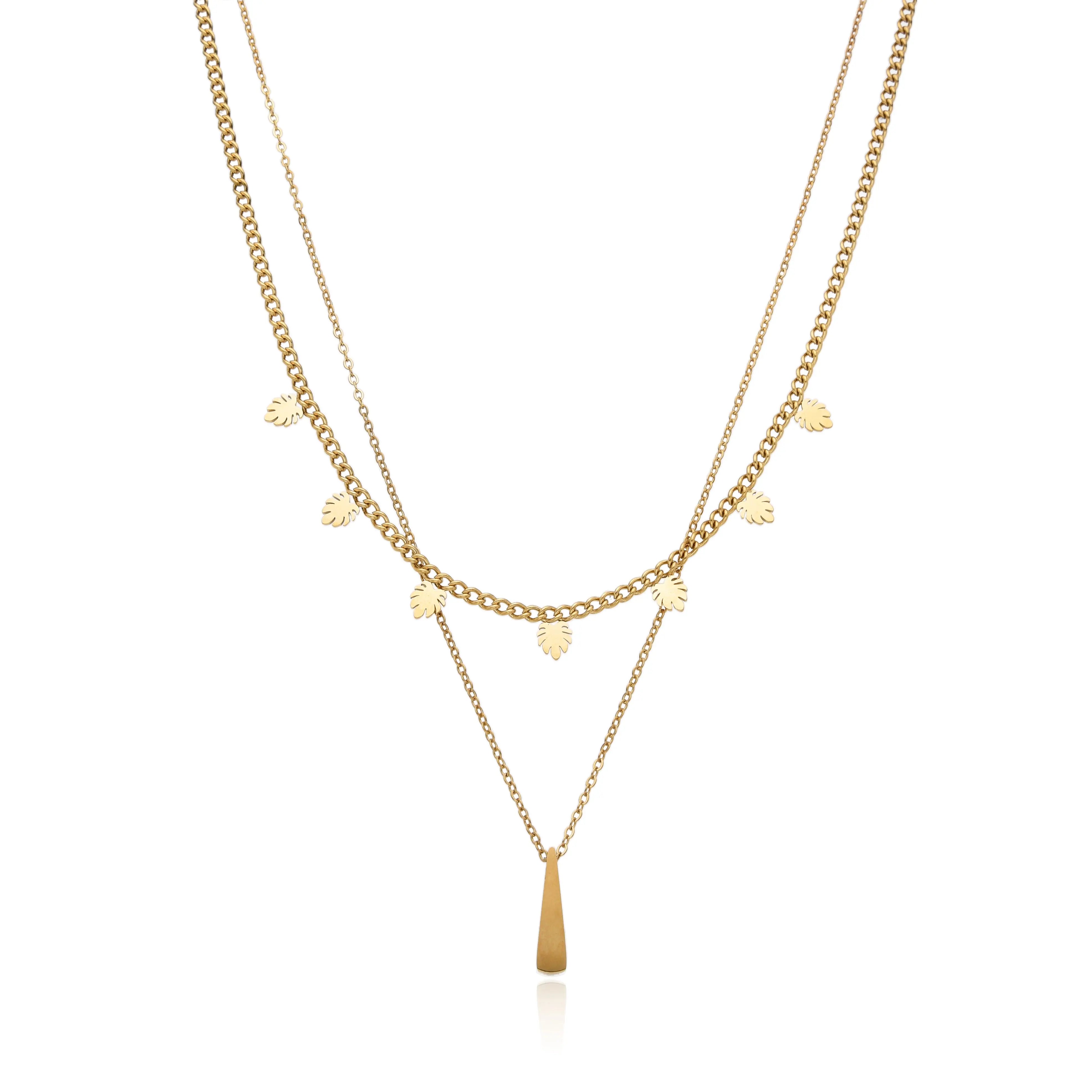 Bar And Leaves Charm Layered Necklace - Rachel Fine Jewelry